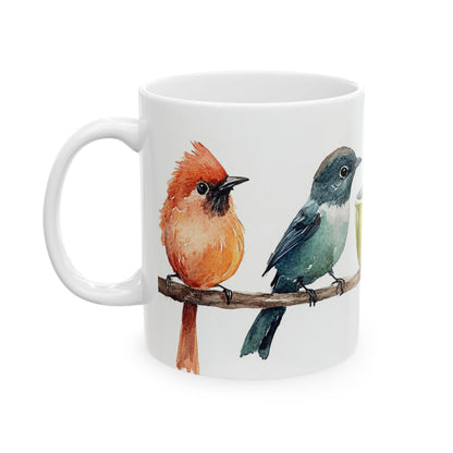 Bird Friends Coffee Mug - Ceramic Mug with Watercolor Birds Drinking Coffee Painting