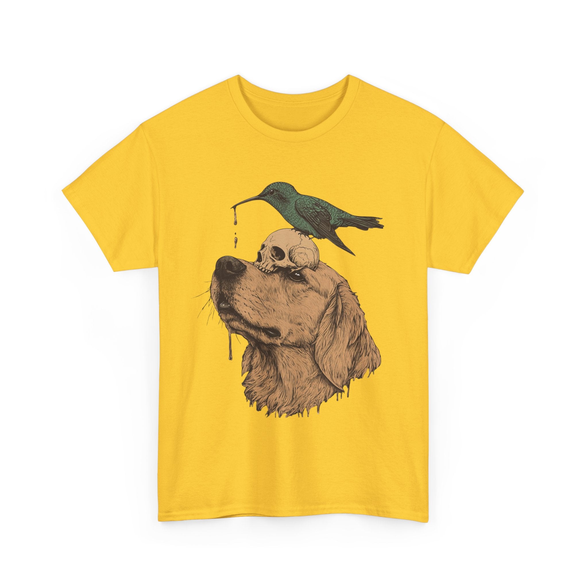 Trippy T-shirt - Graphic Tee with Hummingbird on Skull on Dog Design