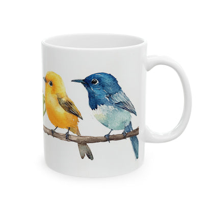 Bird Friends Coffee Mug - Ceramic Mug with Watercolor Birds Drinking Coffee Painting