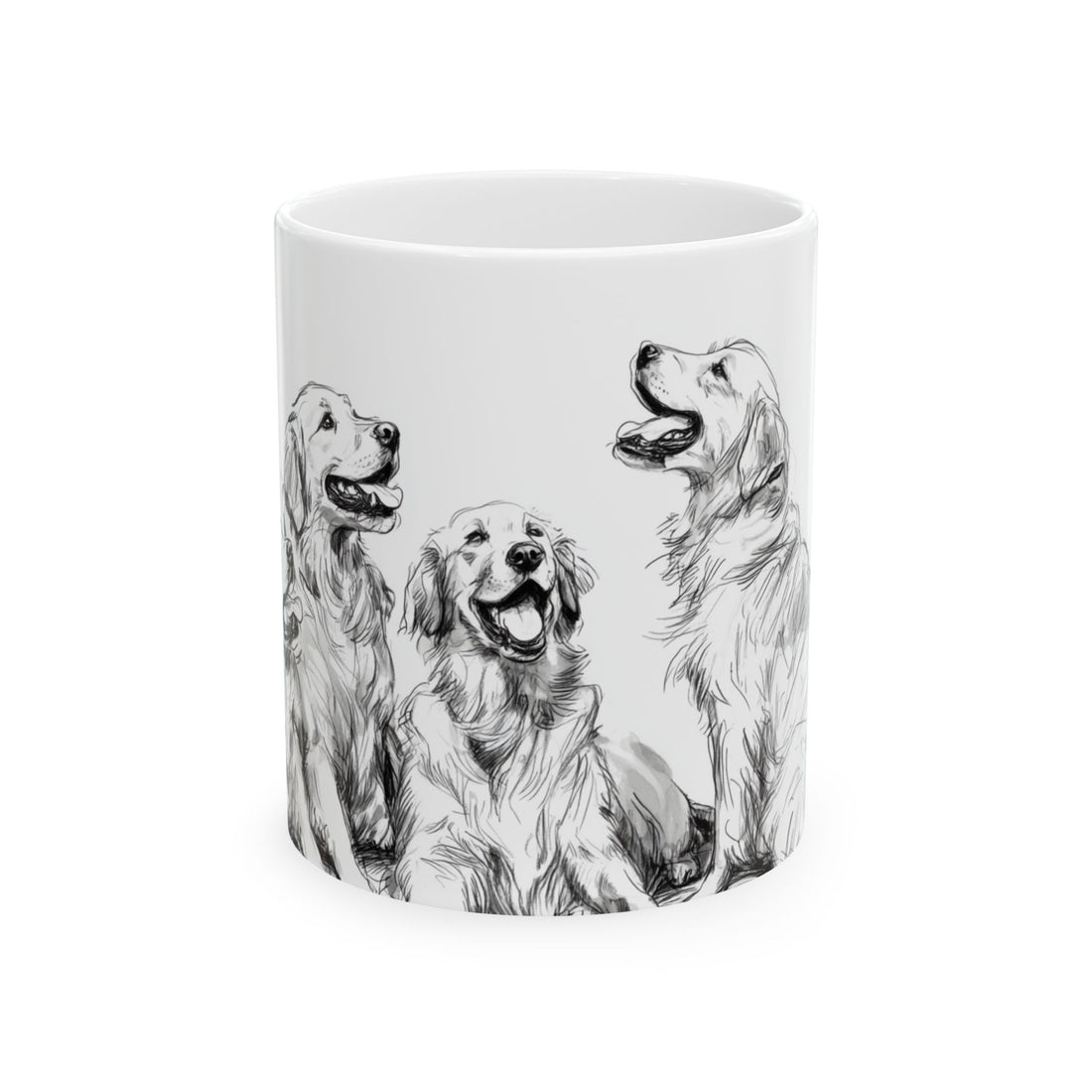 Playful Pups Mug - Ceramic Mug with Black and White Sketch of 4 Golden Retrievers