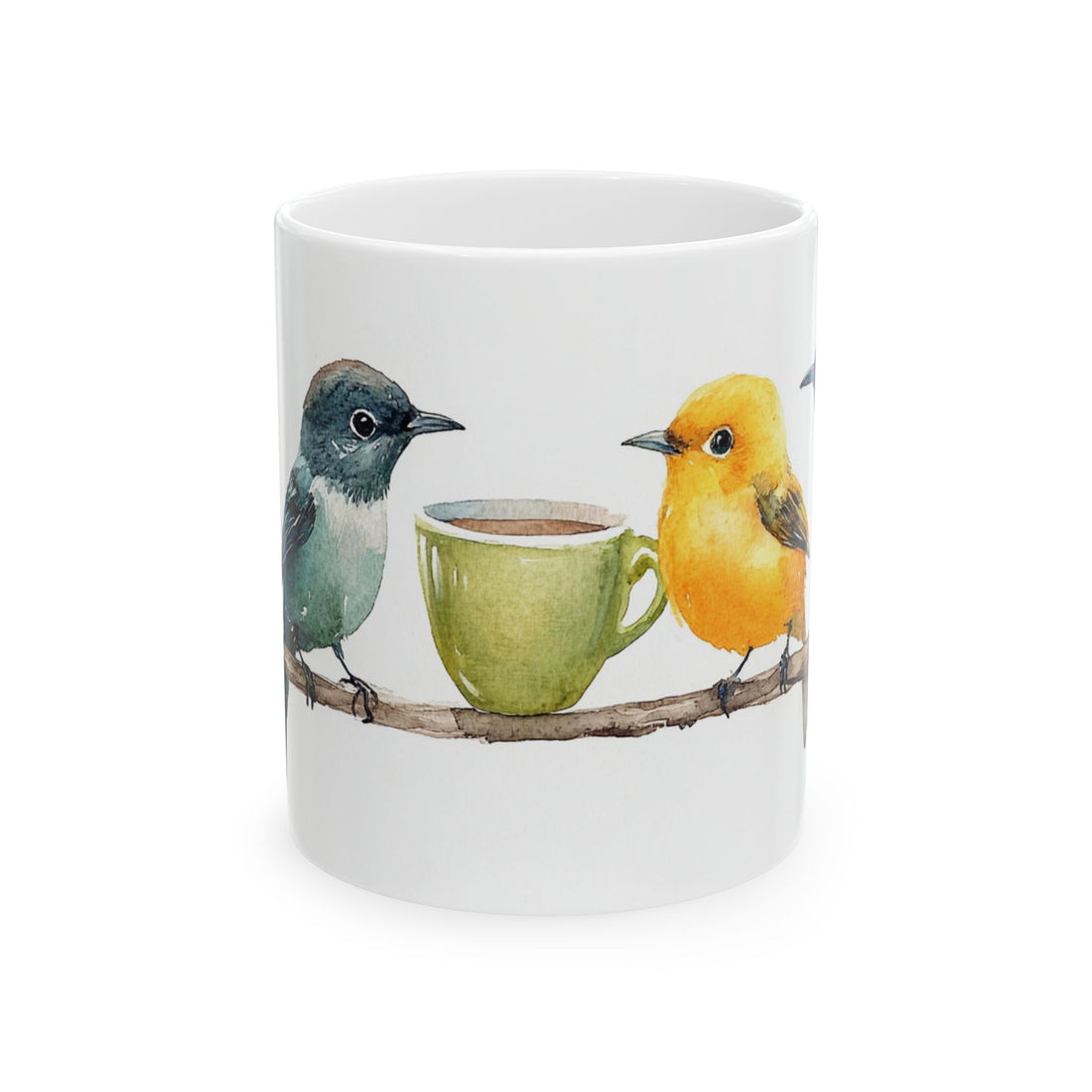 Bird Friends Coffee Mug - Ceramic Mug with Watercolor Birds Drinking Coffee Painting