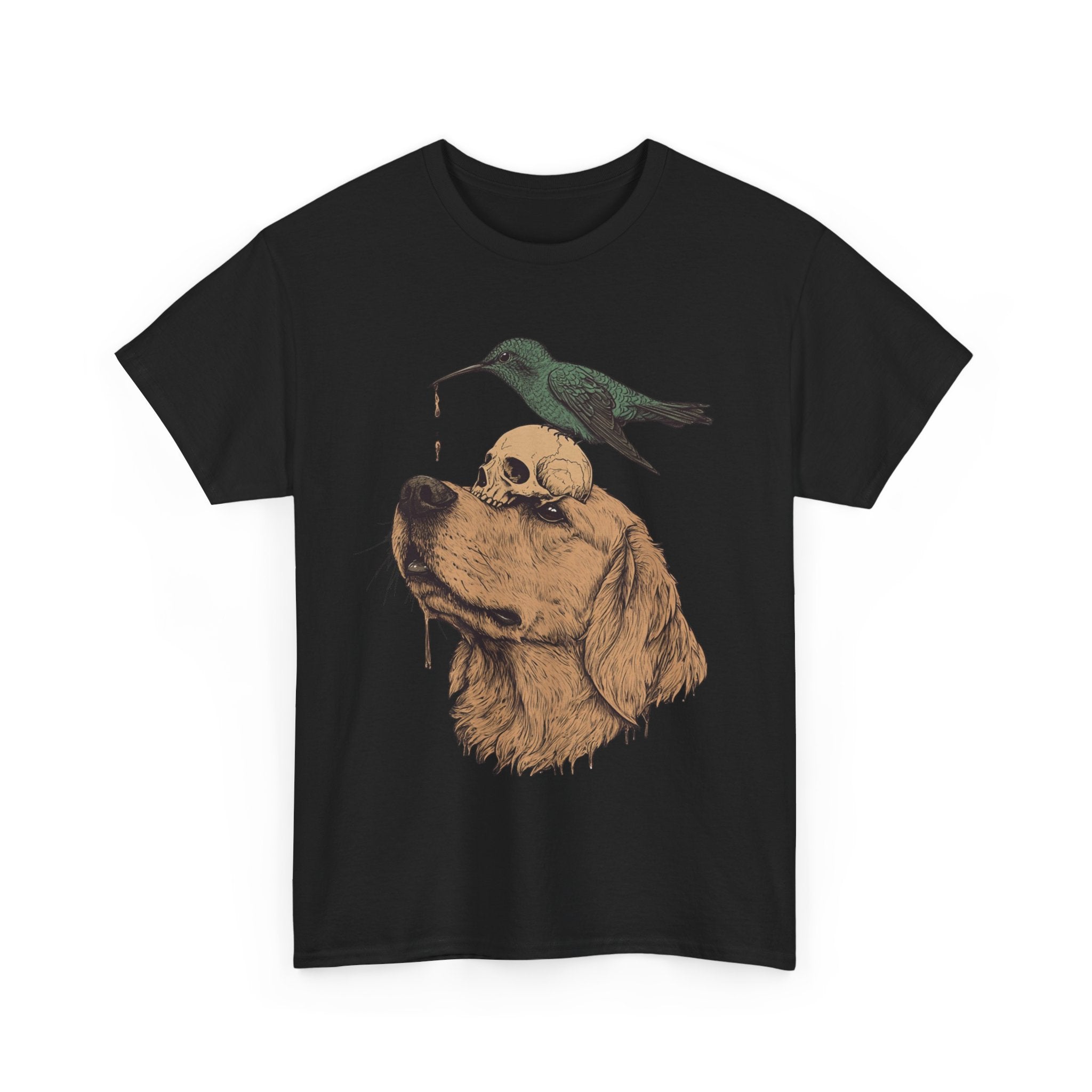 Trippy T-shirt - Graphic Tee with Hummingbird on Skull on Dog Design