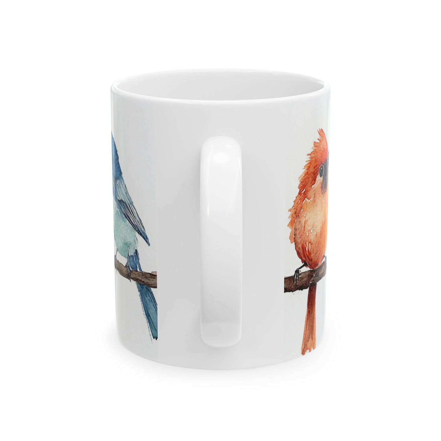 Bird Friends Coffee Mug - Ceramic Mug with Watercolor Birds Drinking Coffee Painting